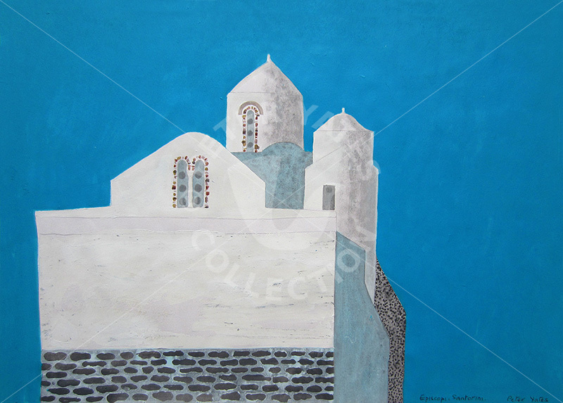 Byzantine Church of Episcopi, Thera, Santorini 1979 painting by Peter Yates (1920-1982)